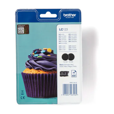 Brother LC123BKBP2, Black, Pigment-based ink, 2 pc(s), 600 pages, Twin pack