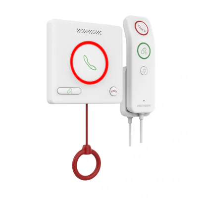 BUTON DE APELARE MEDICALA cu telecomanda Hikvision DS-KHH6020X-H;  1x RJ45 port, alimentare: DC12V/private POE, protectie: IPX5 Intercomunicare bidirecțională și alarme inteligente: – Comunicarea vocală clară între pacienți și personalul medical (sta