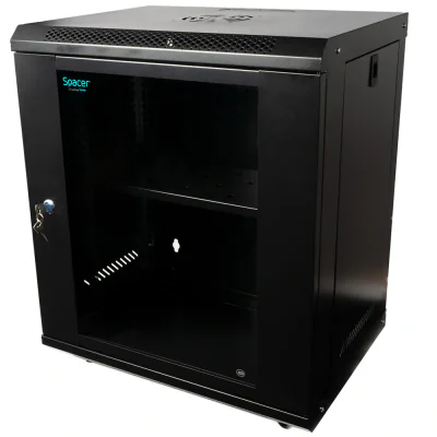 CABINET 19″ SPACER 12U 500x400mm, fixare pe perete, Flatpack (dezasamblat), Black, usa sticla cu blocare, panouri detasabile, otel 1mm, sarcina maxima 25Kg