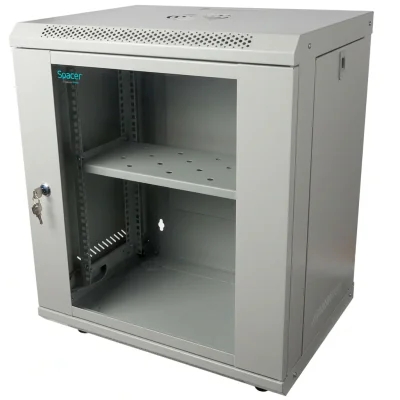 CABINET 19" SPACER 12U 500x450mm, fixare pe perete, Flatpack (dezasamblat), Grey, usa sticla cu blocare, panouri detasabile, otel 1mm, sarcina maxima 25Kg, contine un raft si roti, "SPCW-12U-450-GR-02"