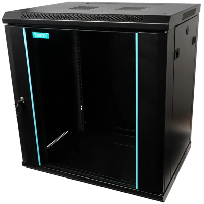 CABINET 19″ SPACER 12U 600x450mm, fixare pe perete, Flatpack (dezasamblat), Black, usa sticla cu blocare, panouri detasabile, otel 1.5mm, sarcina maxima 60Kg
