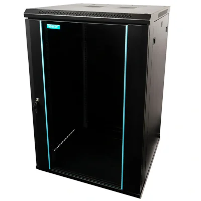 CABINET 19″ SPACER 18U 600x600mm, fixare pe perete, Flatpack (dezasamblat), Black, usa sticla cu blocare, panouri detasabile, otel 1.5mm, sarcina maxima 60Kg