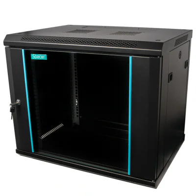 CABINET 19″ SPACER 9U 600x450mm, fixare pe perete, Flatpack (dezasamblat), Black, usa sticla cu blocare, panouri detasabile, otel 1.5mm, sarcina maxima 60Kg