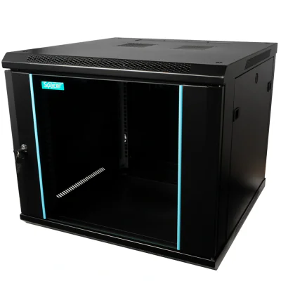 CABINET 19″ SPACER 9U 600x600mm, fixare pe perete, Flatpack (dezasamblat), Black, usa sticla cu blocare, panouri detasabile, otel 1.5mm, sarcina maxima 60Kg