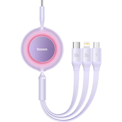 CABLU alimentare si date Baseus Bright Mirror 2, retractabil 3-in-1, pt smartphone,USB Type-C la Micro-USB + Lightning + USB Type-C 100W, 1.1m, violet "CAMJ010205" - 6932172609153