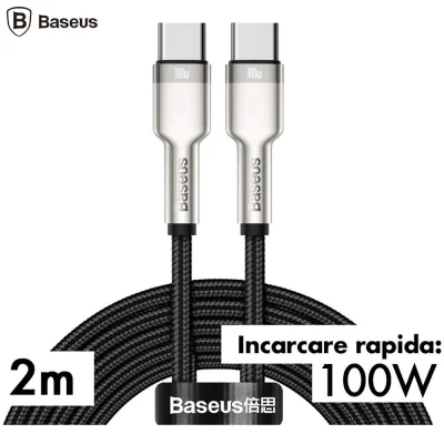 CABLU alimentare si date Baseus Cafule Metal, Fast Charging Data Cable pt. smartphone, USB Type-C la USB Type-C 100W, braided, 1m, alb "CATJK-C02" - 6953156202337