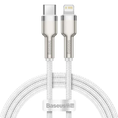 CABLU alimentare si date Baseus Cafule Metal, Fast Charging Data Cable pt. smartphone, USB Type-C la Lightning Iphone PD 20W, brodat, 1m, alb