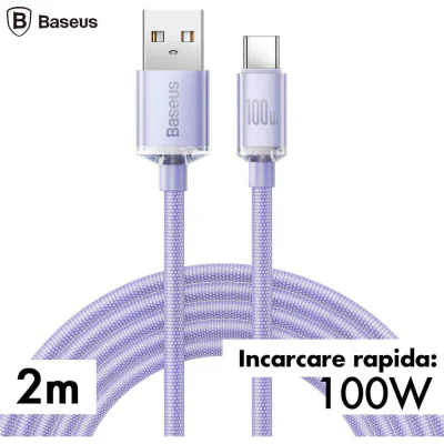 CABLU alimentare si date Baseus Crystal Shine, Fast Charging Data Cable pt. smartphone, USB la USB Type-C 100W, 1.2m, braided, albastru "CAJY000403" - 6932172602819