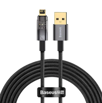 CABLU alimentare si date Baseus Explorer, Fast Charging Data Cable pt. smartphone, USB la Lightning 2.4A, 2m, Auto Power-Off, negru transparent "CATS000501" - 6932172605773