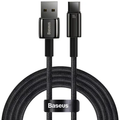 Cablu alimentare si date Baseus, Fast Charging Data Cable pt. smartphone, USB la USB Type-C (T), 100W, 480Mbps, aliaj zinc, braided(nylon), 2m, negru