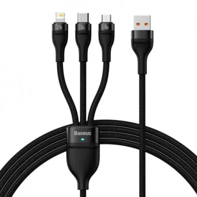 CABLU alimentare si date Baseus Flash, One-for-three Retractable, pt smartphone,USB la Micro-USB+Lightning + USB Type-C 100W, 1.2m, negru "CASS030001" - 6932172608712
