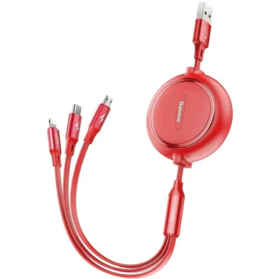 CABLU alimentare si date Baseus Golden Loop, retractabil 3-in-1, pt smartphone,USB la Micro-USB + Lightning + USB Type-C 3.5, 1.2m, rosu "CAMLT-JH09" - 6953156295711