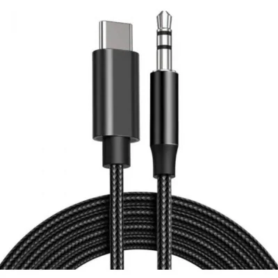 Cablu Audio Lemontti USB-C-Jack 3.5mm, carcasa de metal, cablu din impletitura textila si Nylon, lungime 1m, negru