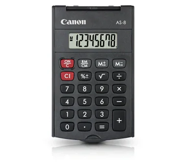 Calculator buzunar Canon AS8, 8 digiti, display LCD, alimentare baterie, functii: radacina patrata, procentaj, tasta total.