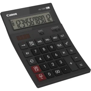 Calculator birou Canon AS1200, 12 digiti, display LCD vertical, inclinat, separator de mii, functie schimbare de semn, oprire automata, sursa de energie: alimentare dubla.
