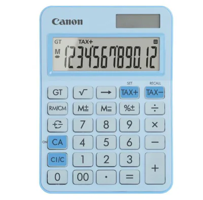 """Calculator birou Canon LS-125KB-PBL, Pastel Blue, 12 digits, 29 keys, dual power, M+, M-,RM/CM, Tax+, Tax-"""