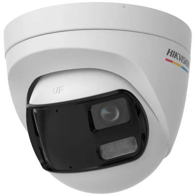 Camera de supraveghere Turret 3K Hikvision DS-2CE72KF3TP-DLS, lentila duala fixa 2.8mm, iluminare min: 0.0005 Lux @ (F1.0, AGC ON), 0 Lux cu lumina alba: 40m, IR: 40m, microfon incorporat, alimentare: 12 VDC ± 25%, max. 8.9 W, protectie: IP67, dimens