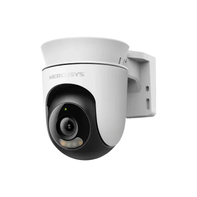 Outdoor Pan/Tilt Security Wi-Fi Camera SPEC: 2K resolution (2304*1296), Pan and Tilt (360° Horizontal), Built- in microphone and speaker, Color Night Vision, 2.4GHz Wi-Fi FEATURE: MERCUSYS APP, Pan/Tilt, Smart Detection and Notification (Motion & Per