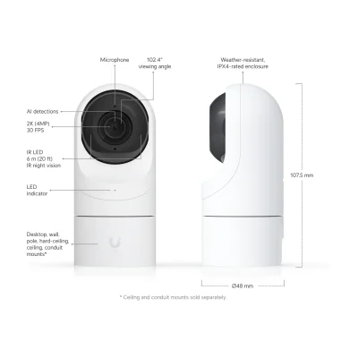 Camera video Ubiquiti UniFi, IPX4, senzor 5MP CMOS, unghi de vizualizare H: 102.4°, V: 54.9°, D: 120.6°, rezolutie 4MP 2688 x 1512 (16:9), rata 30 FPS, interfata Port RJ45 10/100 MbE
