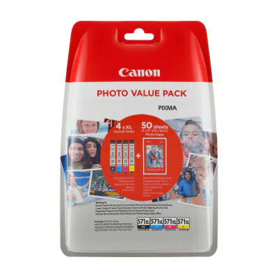 Canon CLI-571XL High Yield BK/C/M/Y Ink Cartridge + Photo Paper Value Pack, Standard Yield, Black, Cyan, Magenta, Yellow, Multi pack