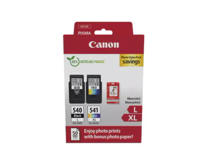 Canon pachet cartuse cearneala PG-540L/CL-541XL Photo value pack, capacitate negru: 300 pagini/11ml, Color: 400 pagini / 15ml, Compatibil cu: PIXMA GM2050, PIXMA MG2140, PIXMA MG2150, PIXMA MG2155, PIXMA MG2250, PIXMA MG3140, PIXMA MG3150, PIXMA MG32