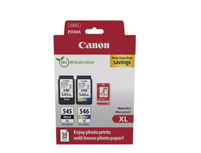 Canon pachet cartuse cearneala PG-545XL/CL-546XL Photo value pack, capacitate negru: 400 pagini/13ml, Color: 300 pagini / 15ml, Compatibil cu: PIXMA 2550S, PIXMA IP2850, PIXMA MG2450, PIXMA MG2550, PIXMA MG2950, PIXMA MG3050, PIXMA MG3051, PIXMA MG30