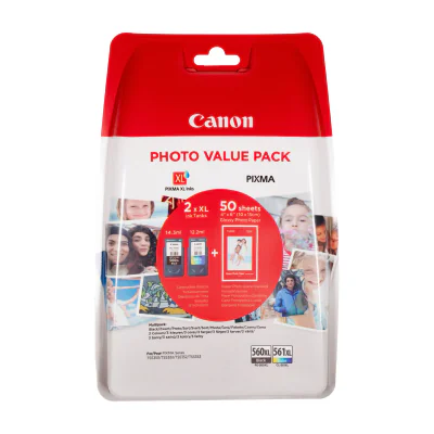 Canon PG-560XL Black and CL-561XL Colour Ink Cartridge + Photo Paper Value Pack, High (XL) Yield, Black, Cyan, Magenta, Yellow, 12.2 ml, 14.3 ml, 2 pc(s), 400 pages