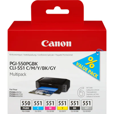 Canon PGI-550/CLI-551 PGBK/C/M/Y/BK/GY 6 Ink Cartridge Multipack, Photo black, Photo cyan, Photo grey, Photo magenta, Black, Photo yellow, Pigment-based ink, Dye-based ink, 6 pc(s), Multi pack