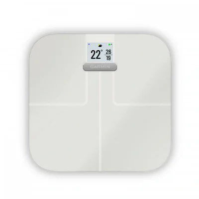 Cantar inteligent Garmin Index S2, Dimensiuni: 320 x 310 x 28 mm, autonomie baterie: până la 9 luni; foloseşte 4 baterii AAA (incluse), Compatibil cu BLE: Da, compatibil cu ANT: Da, Wi-Fi: Da, 2,4GHz, Limită de greutate:181,4 kg, greutate 2kg, alb"