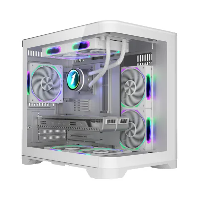 Carcasa 1stPlayer gaming UV5-wh-Hub, 5 ventilatoare aRGB infinity efect plus PWM, telecomanda, Micro-ATX, alb