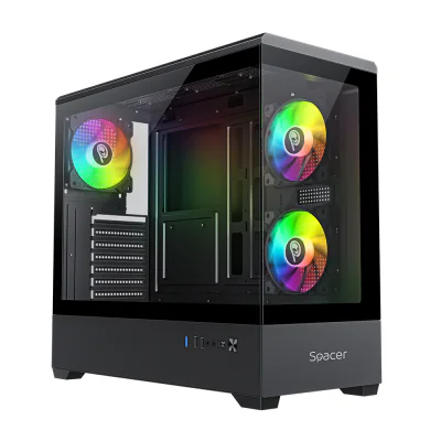 CARCASA SPACER - gaming, Middle Tower, ATX, #NAUTILUS", fara sursa, sticla securizata, 3 x ARGB fan, USB 3.0 x 1, USB 2.0 x 2, HD-Audio, Jack 3.5mm x 1, black #SPCS-GC-NAUTILUS-BK-3F"