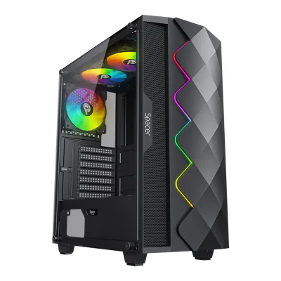 CARCASA SPACER - gaming, Middle Tower, ATX, "QUARTZ", fara sursa, sticla securizata, 3 x ARGB fan, banda LED ARGB, USB 2.0 x 1, USB 3.0 x 1, HD-Audio, mesh x 2, black "SPCS-GC-QUARTZ-3F"