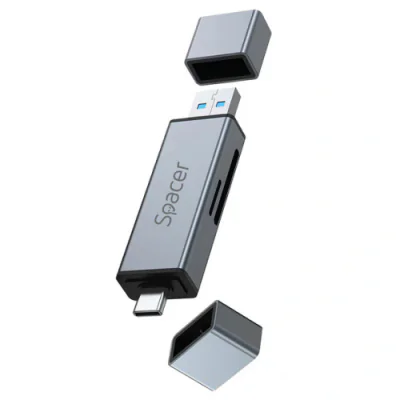 Card Reader extern SPACER, 4 in 1, interfata USB 2.0, USB Type C, citeste/scrie: SD, micro SD; extraconectori mama USB si Type-C, aluminiu
