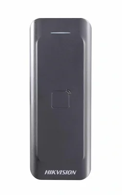 Card reader Hikvision, DS-K1802M; Reads Mifare 1 card; Card Reading Frequency: 13.56MHz; Processor: 32-bit; Reading Range: ≤50mm (≤1.97"); Supports Wiegand(W27/W35) protocol, Dust-proof, IP 65.