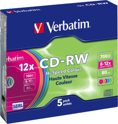 CD-RW VERBATIM 700MB, 80min, viteza 8-12x, 5 buc, carcasa, "Colour 12x" "43167/261910"