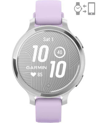 Ceas Garmin Lily 2 Active, display AMOLED, dimensiune afisaj 25,4 mm x 21,3 mm, rezolutie afisaj 240 x 201 pixeli, memorie 8GB, autonomie pana la 9 zile, rezistanta la apa pana la 5 ATM, greutate: 24,4g, ramă Argintiu, şi curea Purple Jasmine din sil