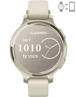Ceas Garmin Lily 2 Active, display AMOLED, dimensiune afisaj 25,4 mm x 21,3 mm, rezolutie afisaj 240 x 201 pixeli, memorie 8GB, autonomie pana la 9 zile, rezistanta la apa pana la 5 ATM, greutate: 24,4g, ramă MLunar Glod şi curea Bone din silicon