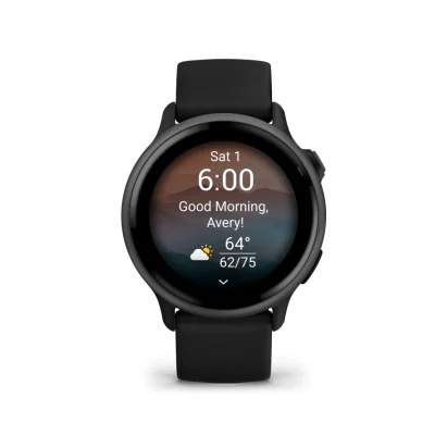 Ceas Garmin vívoactive 6 display AMOLED, dimensiune afisaj 30.4 mm, rezolutie afisaj  390 x 390 pixeli, memorie 8GB, autonomie până la 11 zile (5 zile cu afişajul permanent pornit) rezistanta la apa pana la 5 ATM, greutate: 23g, ramă Black cu curea B