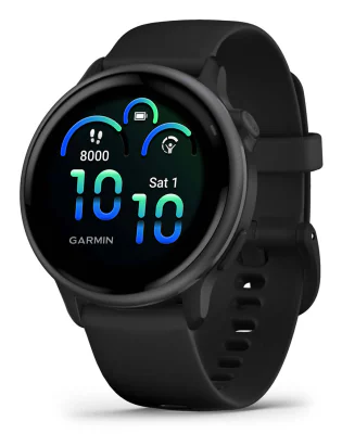 Ceas Garmin vívoactive 6 display AMOLED, dimensiune afisaj 30.4 mm, rezolutie afisaj  390 x 390 pixeli, memorie 8GB, autonomie până la 11 zile (5 zile cu afișajul permanent pornit) rezistanta la apa pana la 5 ATM, greutate: 23g, ramă Black cu curea B