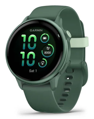Ceas Garmin vívoactive 6 display AMOLED, dimensiune afisaj 30.4 mm, rezolutie afisaj  390 x 390 pixeli, memorie 8GB, autonomie până la 11 zile (5 zile cu afișajul permanent pornit) rezistanta la apa pana la 5 ATM, greutate: 23g, ramă Jasper Green cu 