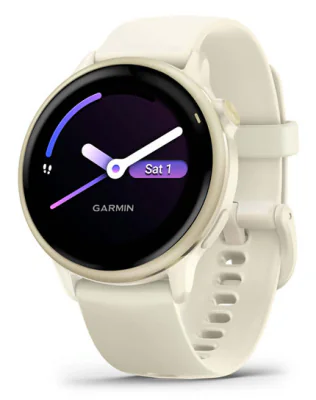 Ceas Garmin vívoactive 6 display AMOLED, dimensiune afisaj 30.4 mm, rezolutie afisaj  390 x 390 pixeli, memorie 8GB, autonomie până la 11 zile (5 zile cu afișajul permanent pornit), rezistanta la apa pana la 5 ATM, greutate: 23g, ramă Lunar Gold cu c