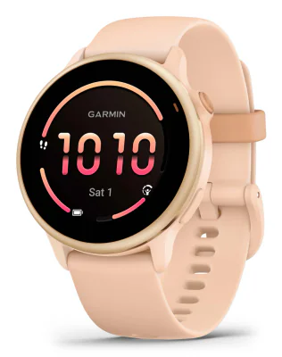 Ceas Garmin vívoactive 6 display AMOLED, dimensiune afisaj 30.4 mm, rezolutie afisaj  390 x 390 pixeli, memorie 8GB, autonomie până la 11 zile (5 zile cu afișajul permanent pornit) rezistanta la apa pana la 5 ATM, greutate: 23g, ramă Pink Dawn cu cur