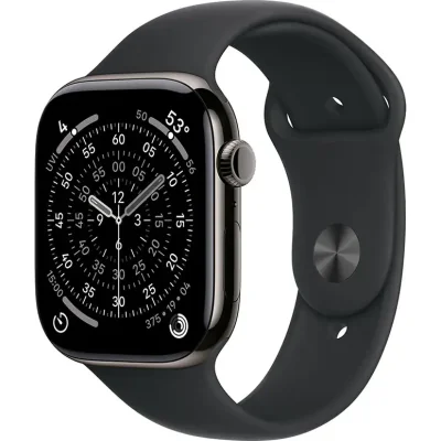 Ceas inteligent Apple Watch Series 11 GPS + Cellular 42 mm, carcasă Slate Titanium, brățară Black Sport Band M/L