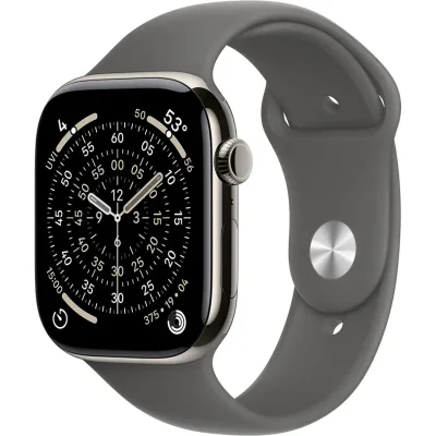 Ceas inteligent Apple Watch Series 11 GPS + Cellular 46 mm, carcasă Natural Titanium, brățară Stone Grey Sport Band S/M