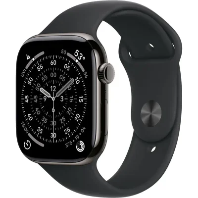 Ceas inteligent Apple Watch Series 11 GPS + Cellular 46 mm, carcasă Slate Titanium, brățară Black Sport Band M/L