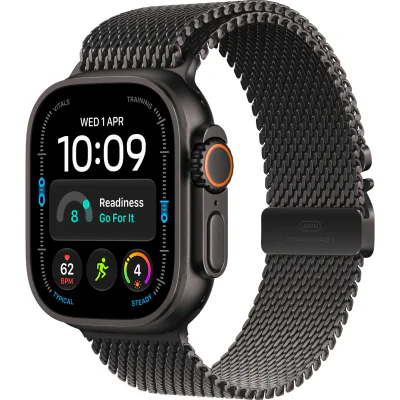 Ceas inteligent Apple Watch Ultra 4 GPS + Cellular 49 mm, carcasă Black Titanium, brățară Black Titanium Milanese Loop M