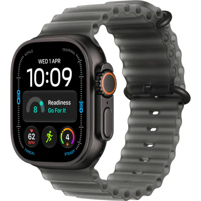 Ceas inteligent Apple Watch Ultra 4 GPS + Cellular 49 mm, carcasă Black Titanium, brățară Translucent Black Ocean Band