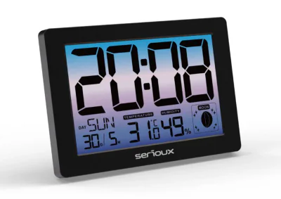 Ceas termometru higometru de camera TH86145,  caracteristici: temperatura interioară, afișare ora, calendar, faza lunii, alarmă SPECIFICAȚII: alimentare: adaptor DC 5V 150 mA, baterii: 3x baterii AAA (nu sunt incluse), unitate de temperatură: C&F, in
