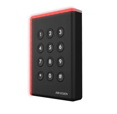 Cititor card cu tastatura Hikvision DS-K1108AEK, citeste carduri EM 125 KHz, distanta citire: ≤ 50 mm, comunicare: RS-485, Wiegand (W26, W34) protocol si OSDP protocol, indicator LED de stare si alimentare, tamper, buzzer, alimentare: 12 VDC, IP65, d