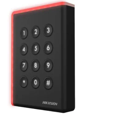 Cititor card cu tastatura Hikvision DS-K1108AMK, citeste carduri Mifare 13.56 MHz, distanta citire: ≤ 50 mm, comunicare: RS-485, Wiegand (W26, W34) si OSDP protocol, indicator LED de stare si alimentare, tamper, buzzer, alimentare 12VDC, IP65, dimens